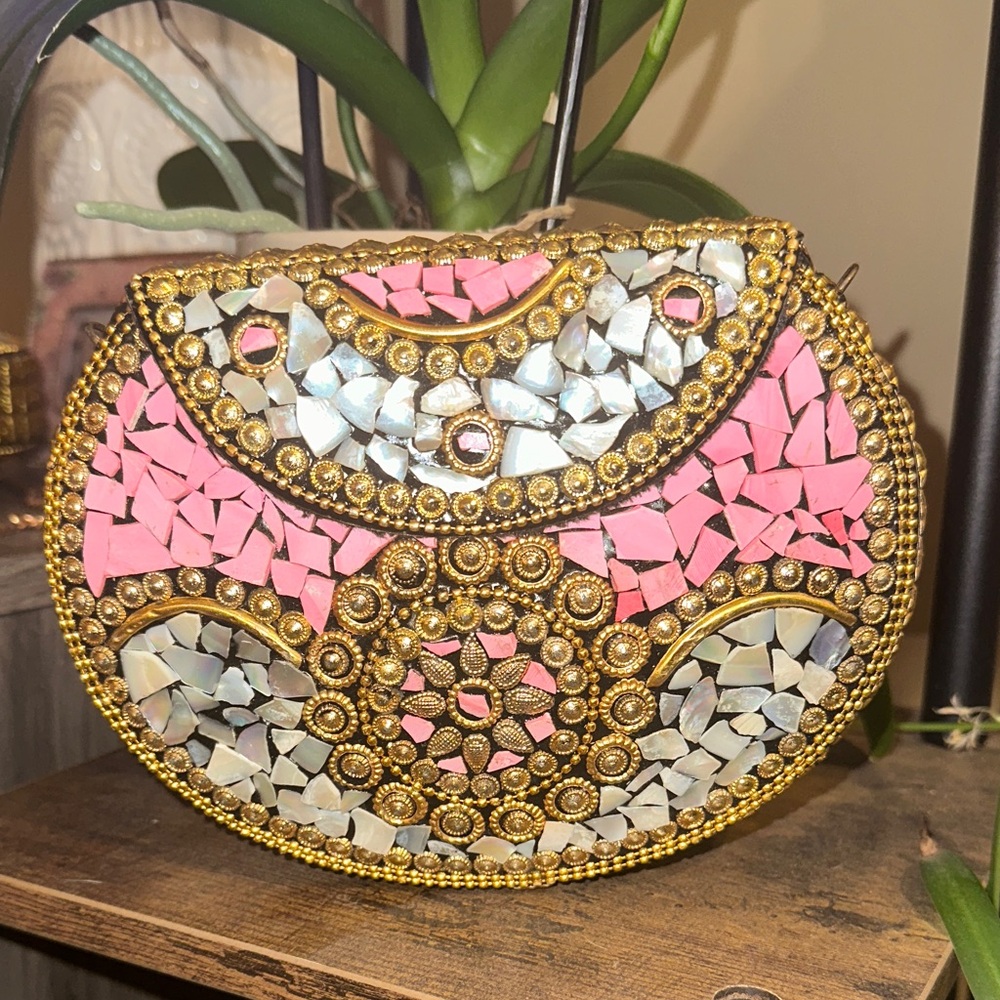 Elegant Mosaic Clutch in Pink and Gold